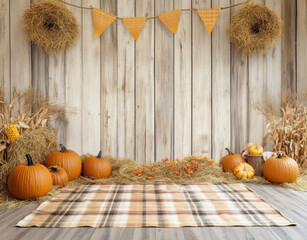 An autumn-themed backdrop with pumpkins, hay bales, and plaid blankets arranged on the floor