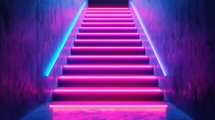 Neon-Lit Concrete Stairway with Blue and Pink Glowing Lines