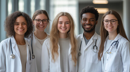 Clinic staff portrait. Group of medicine professionals standing together in modern hospital office, smiling, looking at camera. Diversity and team collaboration.