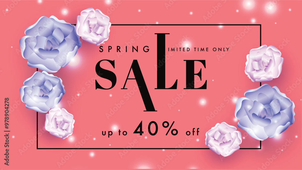 Poster spring sale banner or poster design with discount offer and beautiful flowers decorated on glossy ro