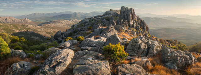 Obraz premium A rugged granite peak, rising majestically above the surrounding landscape, with panoramic views of the rugged terrain below