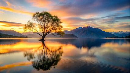 Single tree on island in still lake at sunset with mountain silhouette in background, solitude, reflection, serenity, nature