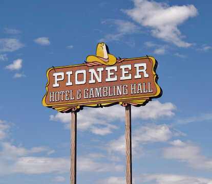 Sign for Pioneer Hotel and Gambling Hall at Laughlin, Nevada, USA