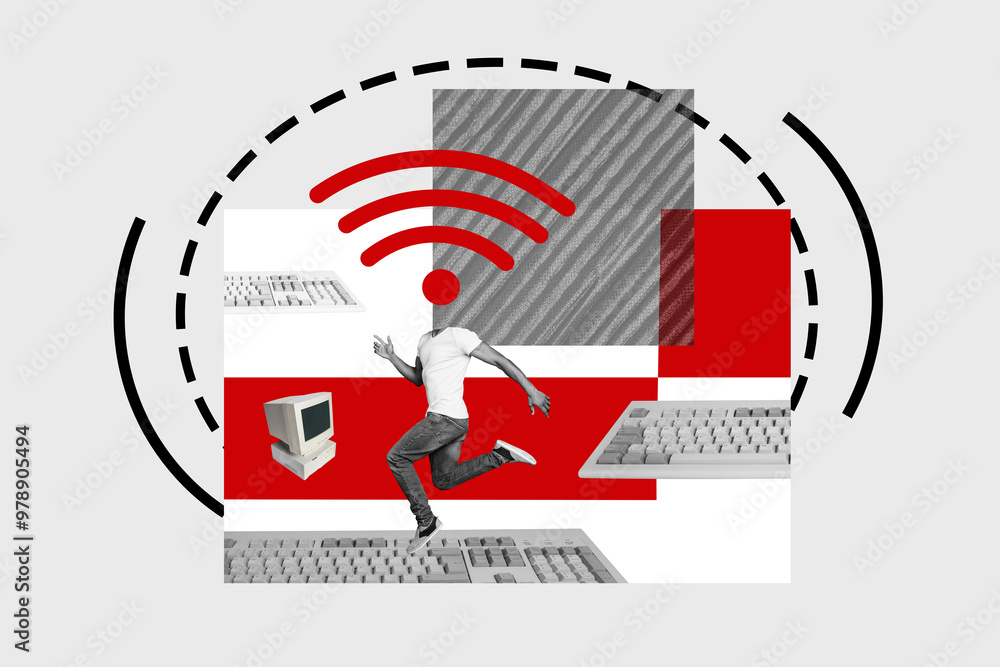 Poster creative collage headless man run wifi internet signal access broadcast computer screen monitor remo