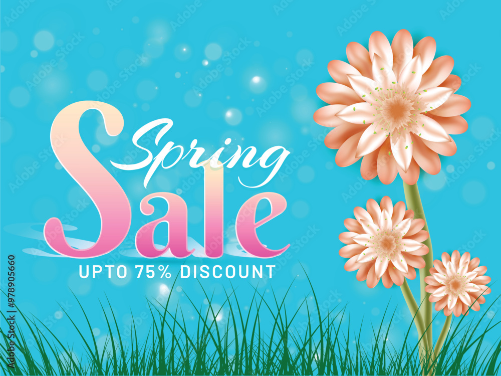 Sticker Spring Sale banner or poster design with discount offer and  ight brown flowers illustration on blue bokeh background.