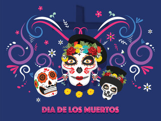 Illustration of sugar skulls or calaveras on blue floral pattern background for Dia De Muertos banner or poster design.