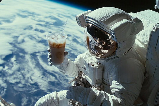 astronaut in outer space with ice latte in his hands