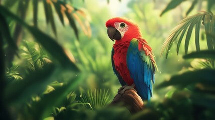 A cute, cheerful parrot perched on a shoulder, its vibrant red and blue feathers contrasting against the green jungle surroundings.