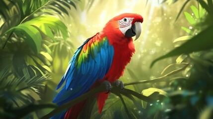 A cute, cheerful parrot perched on a shoulder, its vibrant red and blue feathers contrasting against the green jungle surroundings.
