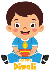 Sticker Style Happy Diwali Text with Cute Indian Boy Character Holding Lit Oil Lamp (Diya) in Sitting Pose on Grey Background.