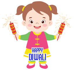 Sticker Style Happy Diwali Text with Cute Indian Girl Character Holding Fireworks Rockets in Standing Pose on Grey Background.