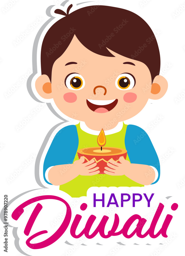 Wall mural Sticker Style Happy Diwali Text with Cute Indian Boy Character Holding Illuminated Oil Lamp (Diya) on Grey Background.