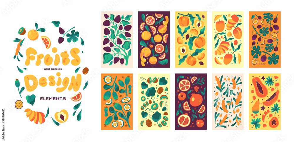 Wall mural design elements with fruits and berries set. minimal abstract cards with harvest. template of bookma