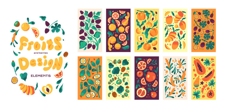 Design elements with fruits and berries set. Minimal abstract cards with harvest. Template of bookmarks with pattern of food, plants: sea buckthorn, papaya, oranges, peach. Flat vector illustrations