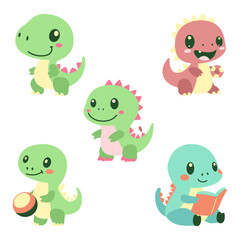 Set of Cute Baby Dinosaur Mascot Cartoon Character Playing While Smiling