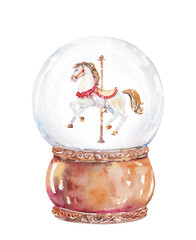 Hand drawn watercolor glass Christmas ball with carousel horse and snow. Vintage souvenir