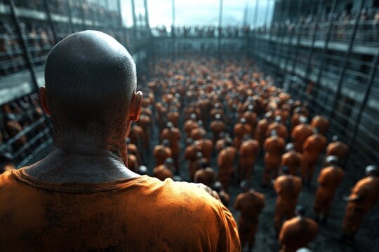 A bald man overlooks a prison yard crowded with inmates in orange uniforms, capturing a sense of control, observation, and the atmosphere of life in prison.