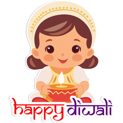 Sticker Style Happy Diwali Text with Cute Indian Girl Character Holding Illuminated Oil Lamp (Diya) on Grey Background.
