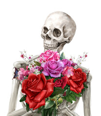 illustration painting of Human skeleton holding a bouquet of roses, on transparent  background