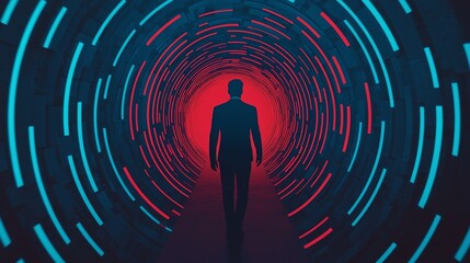 A silhouette of a person walking through a vibrant tunnel of swirling red and blue lights, creating an intriguing, futuristic atmosphere.