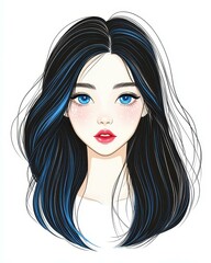 Fototapeta premium A quirky feminine figure flaunting long, sparkly blue hair, with intense cartoon colors and rich details showcasing pop style.