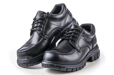 Black leather shoes on white background