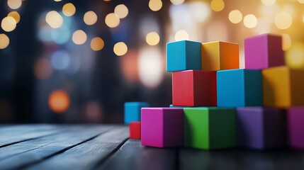 Colorful building blocks arranged creatively on a wooden surface, sparkling bokeh lights in the background enhance the playful atmosphere.