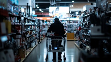 A shopper pauses with a half-filled cart near a tech store display, browsing through new gadgets.