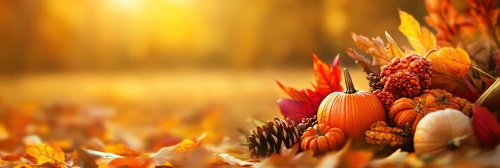 Cozy autumnal arrangement with vibrant orange pumpkins pinecones acorns and a mix of colorful fall leaves in a rustic natural setting  Perfect for harvest season Thanksgiving or fall decor