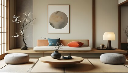 Vibrant Japandi Living Space Showcasing Refined Elegance and Harmonious Color Palette