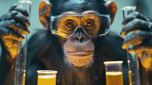 video of monkey scientist in the laboratory with tubes, investigation concept