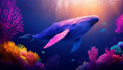 Fototapeta premium A vibrant underwater scene featuring a majestic whale swimming gracefully among colorful coral reefs and tropical fish.