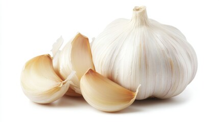  few garlic cloves and a whole bulb on a clean, white background