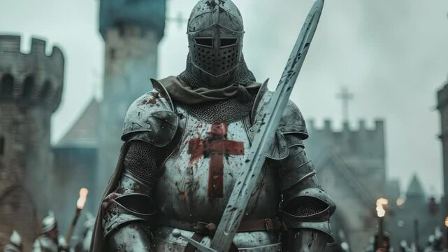 vsdeo of Medieval knight in the armor with the sword on the castle background