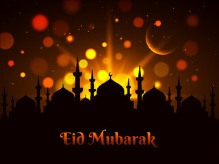 Fototapeta premium Eid Mubarak background with illustration of Mosque (Masjid) and moon for header banner or poster design.