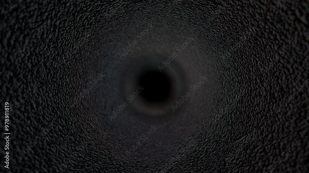 Poster endless forward movement through dark rough old pipe. 3d render looped animation.