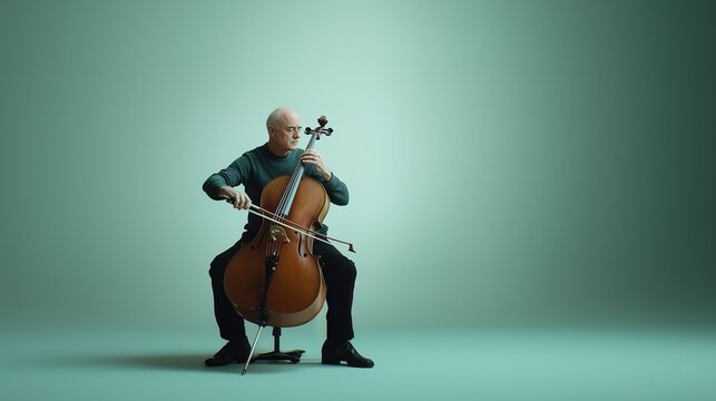 a man engrossed in playing the cellos, positioned to the left of the frame against a solid light green background