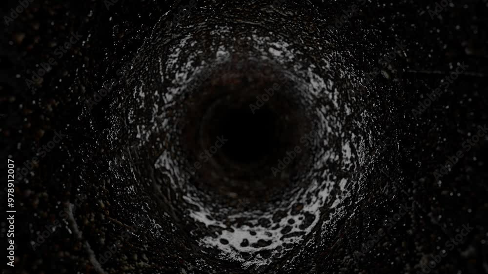 Poster endless forward movement through dark rough old pipe. 3d render looped animation.