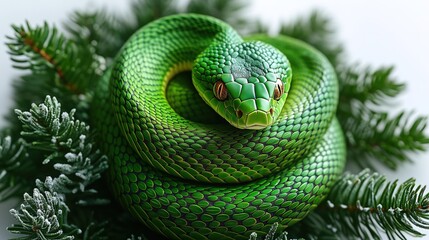 Fototapeta premium A Green Wooden Snake, holiday composition for happy and joy celebrate New Year, black bokeh background