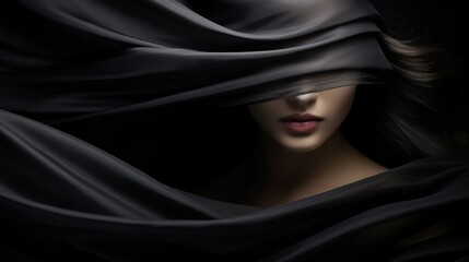 Mysterious woman partially veiled by flowing black fabric, creating an air of intrigue and elegance in a dramatic portrayal.