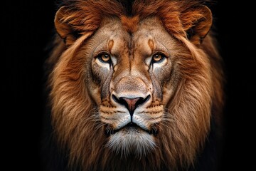 Fototapeta premium A stunning close-up image of a majestic lion with a golden mane, gazing intently into the camera against a black background, showcasing its regal presence and power.