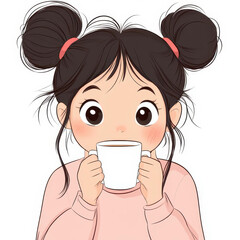 A cute chubby girl with big eyes and black hair in two buns enjoys coffee, dressed in a pink Asian outfit against a warm backdrop.