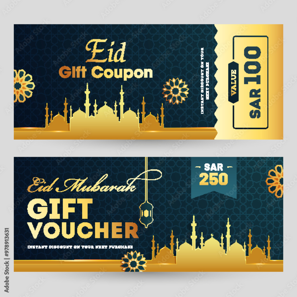 Poster eid mubarak gift coupon or voucher front and back design with decoration of golden mosque on green b