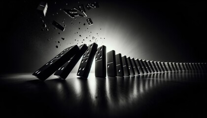 Dramatic close-up of falling dominoes in black and white, emphasizing motion and balance in a high-contrast image.