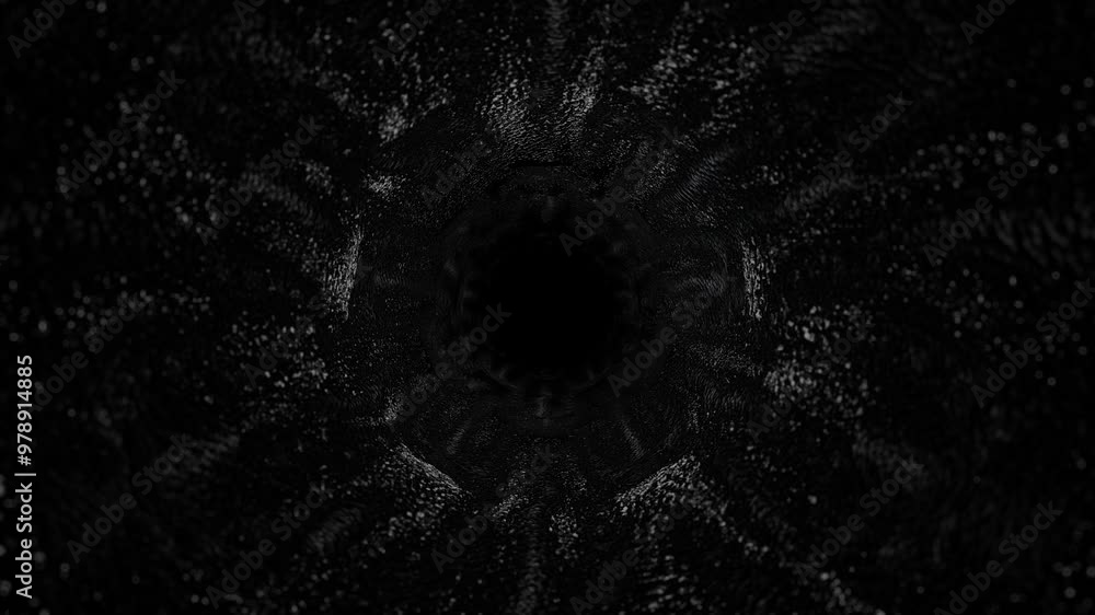 Poster endless forward movement through dark rough old pipe. 3d render looped animation.