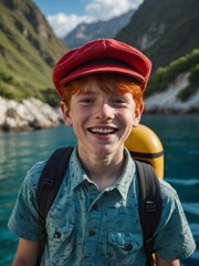 Young Caucasian boy with red hair and freckles wearing red cap, smiling in front of scenic lake and mountains