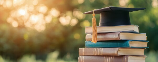 A stack of books adorned with a graduation cap symbolizing education, achievement, and future opportunities.