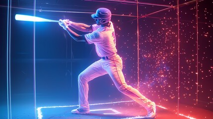 A Dynamic Holographic Projection Capturing the Energy of a Baseball Player's Perfect Swing in Striking Neon Colors