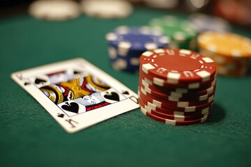 King of spades playing card lying next to stack of poker chips on green felt