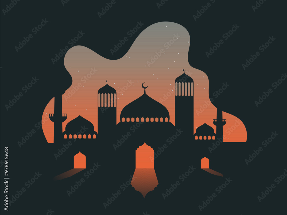 Poster Vector illustration of mosque on abstract stars night background.